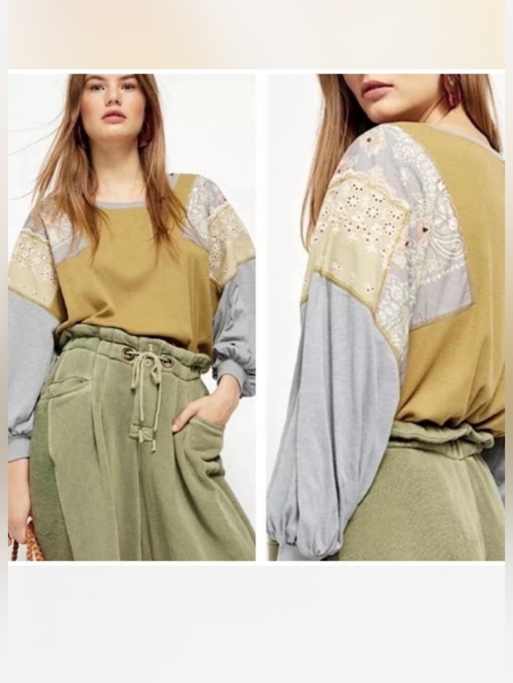 We The Free Olive Green and Dusty Blue Patchwork Pullover long sleeve